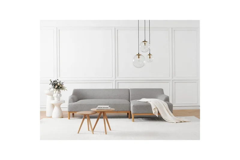 Hörnsoffa Beliani Sosjo Beige, ljust trä, Högervänd Grey||Light colored wood Right-faced - Møbler - Sofaer - Sofa med sjeselong