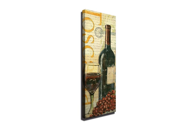 Lerretsbilde 30x80 cm - Vinflaske med glass og druer - Mørk grønn / Rød / Brun - Innredning - Bilder & kunst - Lerretsbilder