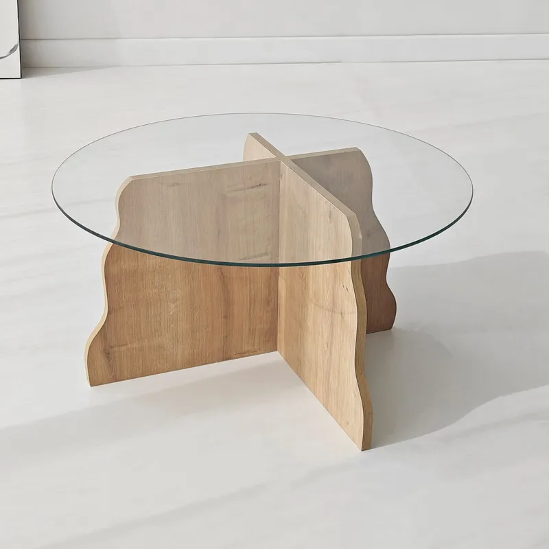 Fikret sofabord 75 cm rundt glass, Safir Eik og Transparent