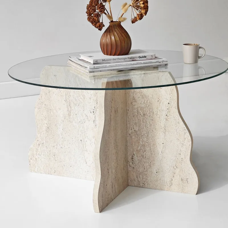 Fikret sofabord 75 cm rundt glass - Travertin og Transparent - Møbler - Bord - Sofabord