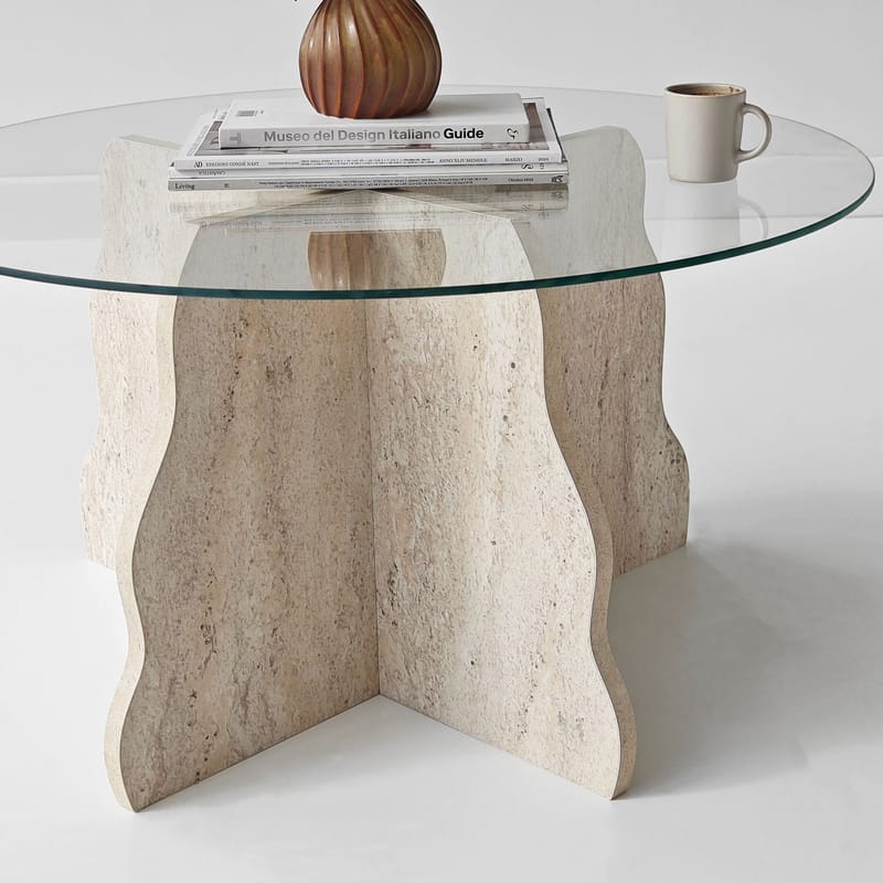 Fikret sofabord 75 cm rundt glass - Travertin og Transparent - Møbler - Bord - Sofabord