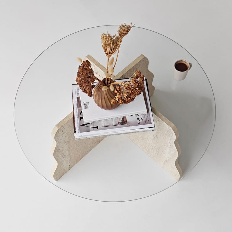 Fikret sofabord 75 cm rundt glass - Travertin og Transparent - Møbler - Bord - Sofabord