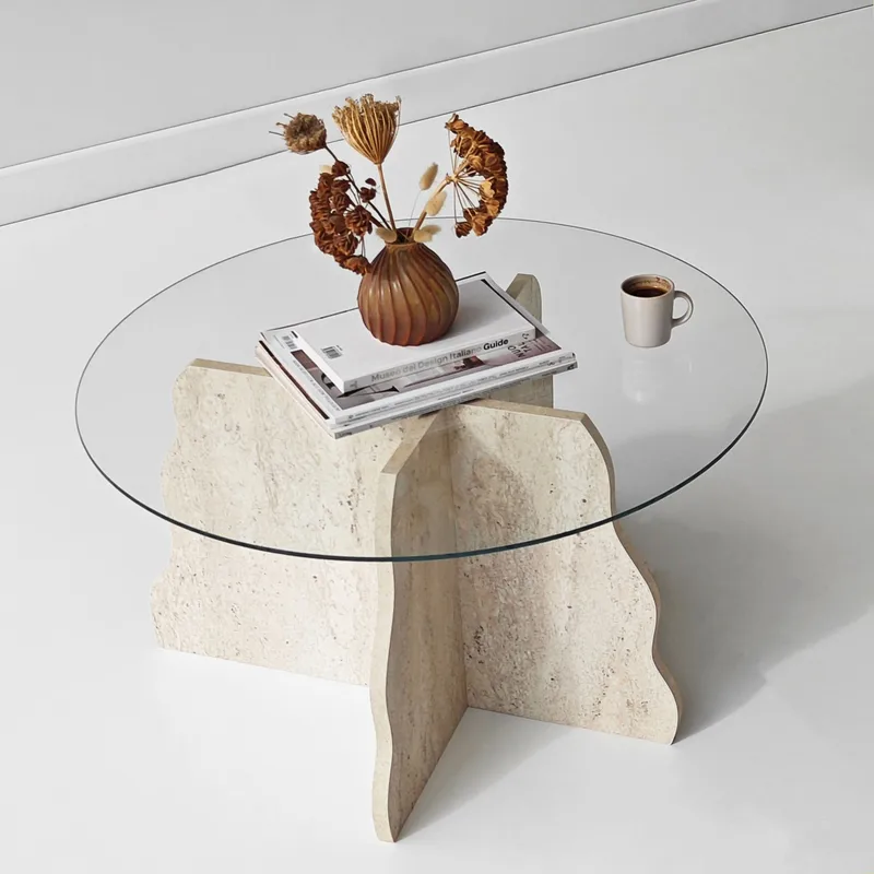 Fikret sofabord 75 cm rundt glass - Travertin og Transparent - Møbler - Bord - Sofabord