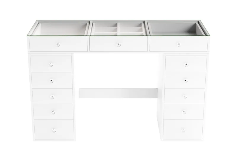 Glow Stort sminkebord med glassplate – oppbevaring med skuffer og rom 120 cm, Hvit