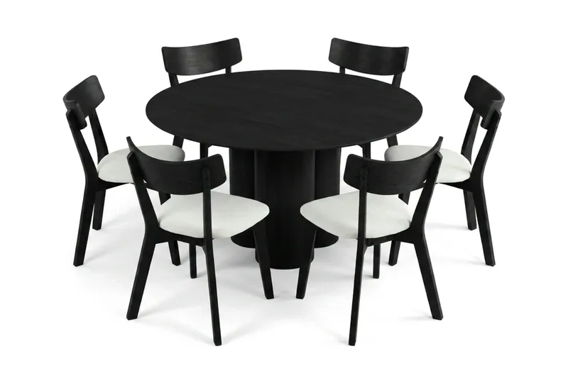 Juno spisegruppe 130 cm rund i svart med 6 Amelia spisestoler med pute, Svart/Beige