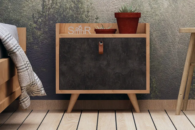Mod Design Nattbord 50 cm med Oppbevaring Skap Lærbeslag, Grå/Tre
