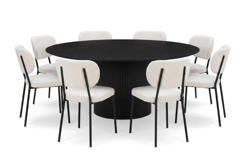 Kopparbo rund spisegruppe 180 cm svart med 8 Gemmiano-spisestoler, Svart