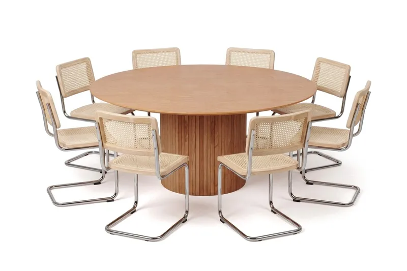 Kopparbo spisegruppe, rund 180 cm, eik med 8 Build spisestoler, Eik
