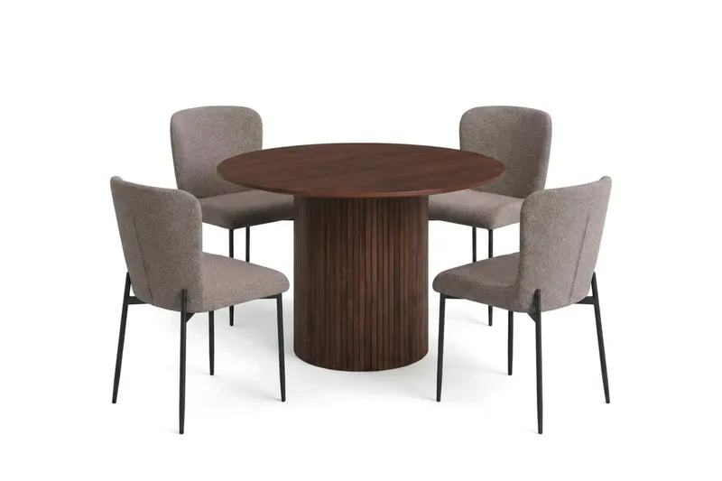 Kopparbo spisegruppe rund 110 cm valnøtt med 4 Elsie spisestoler, Valnøtt/Grå
