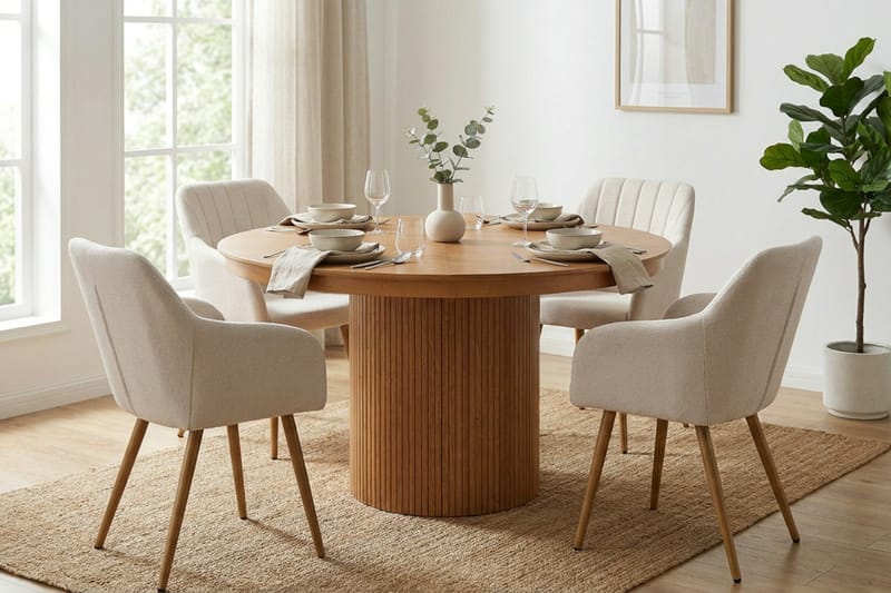 Kopparbo uttrekkbar, rund 120–220 cm, eik med 4 Filippa spisestoler - Eik - Møbler - Bord - Spisegrupper