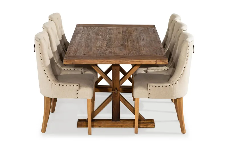 Lyon Spisegruppe 200 cm + 6 Stoler Uttrekkbart Spisebord med Tilleggsplate - Brunt Tre / Natur Beige - Møbler - Bord - Spisegrupper