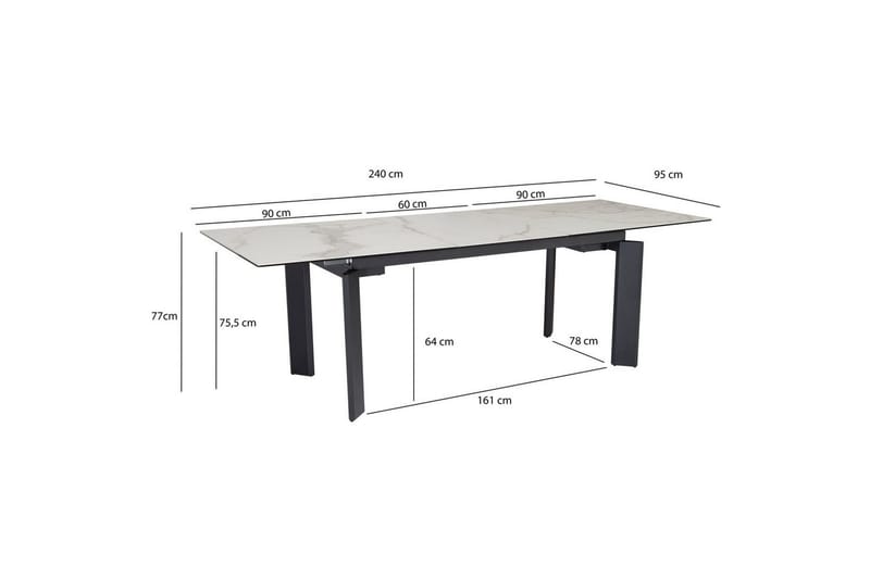 Spisebord Wohnling Uttrekkbar 180-260 cm Keramisk Klassisk Fire Bein Metallramme Svart, marmor hvit - Svart, marmor hvit - Møbler - Bord - Spisebord & kjøkkenbord