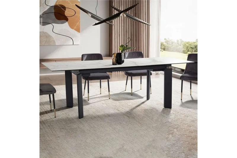 Spisebord Wohnling Uttrekkbar 180-260 cm Keramisk Klassisk Fire Bein Metallramme Svart, marmor hvit - Svart, marmor hvit - Møbler - Bord - Spisebord & kjøkkenbord