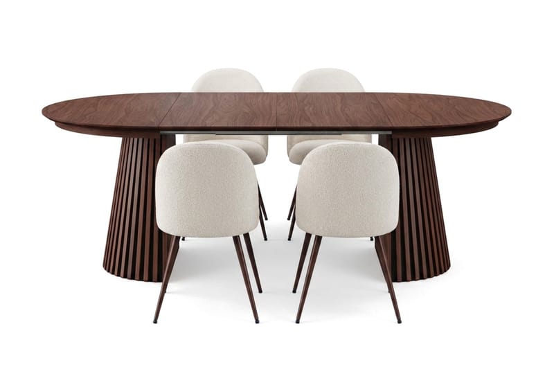 Spisegruppe Bark Peyra 120–220 cm Valnøtt Hvit bouclé/metallben valnøtt - Møbler - Bord - Spisegrupper