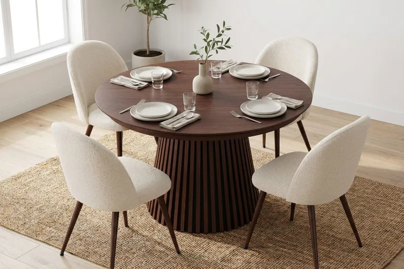 Spisegruppe Bark Peyra 120–220 cm Valnøtt Hvit bouclé/metallben valnøtt - Møbler - Bord - Spisegrupper