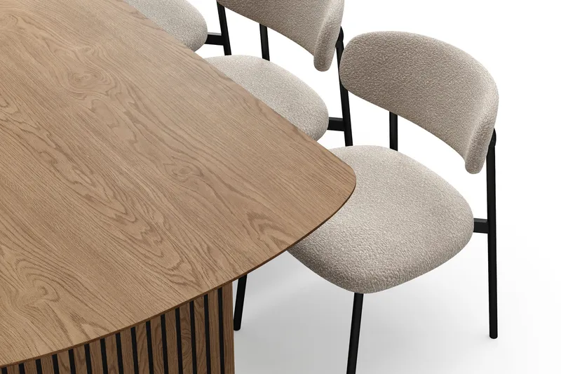 Richeto spisebord 210 cm med 6 Lucy spisestoler - Naturlig finish / Greige bouclé / Metallben svart - Møbler - Bord - Spisegrupper