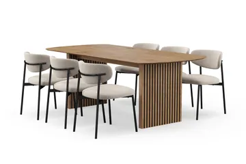 Richeto spisebord 210 cm med 6 Lucy spisestoler - Naturlig finish / Greige bouclé / Metallben svart - Møbler - Bord - Spisegrupper