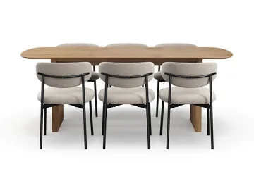 Richeto spisebord 210 cm med 6 Lucy spisestoler - Naturlig finish / Greige bouclé / Metallben svart - Møbler - Bord - Spisegrupper