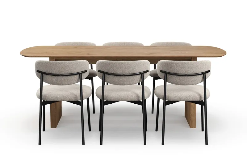 Richeto spisebord 210 cm med 6 Lucy spisestoler - Naturlig finish / Greige bouclé / Metallben svart - Møbler - Bord - Spisegrupper