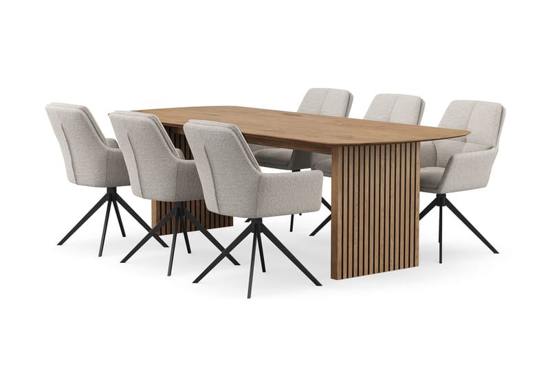 Richeto spisegruppe 240 cm med 6 Torsby snurrestoler, Naturlig finish/mørkbeige