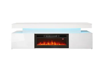 Glenndale TV benk med oppbevaring + LED kamin + Belysning 190 cm - Hvit - Møbler - Mediamøbel & tv møbel - TV-benk & mediabenk
