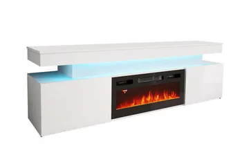 Glenndale TV benk med oppbevaring + LED kamin + Belysning 190 cm - Hvit - Møbler - Mediamøbel & tv møbel - TV-benk & mediabenk
