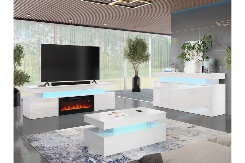 Glenndale TV benk med oppbevaring + LED kamin + Belysning 190 cm - Hvit - Møbler - Mediamøbel & tv møbel - TV-benk & mediabenk