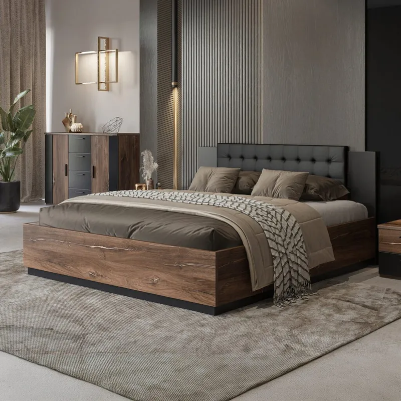 Seng Sigma med ramme på gassløft og oppbevaringsskuff - 180 cm, Mørk Flagstaff eik med kobberfarget ornament - Møbler - Senger - Sengeramme & sengestamme