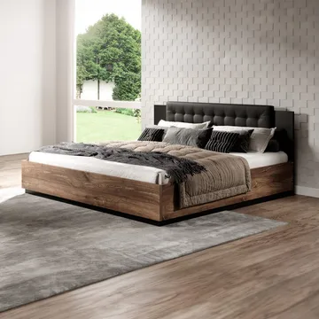 Seng Sigma med ramme på gassløft og oppbevaringsskuff - 180 cm, Mørk Flagstaff eik med kobberfarget ornament - Møbler - Senger - Sengeramme & sengestamme