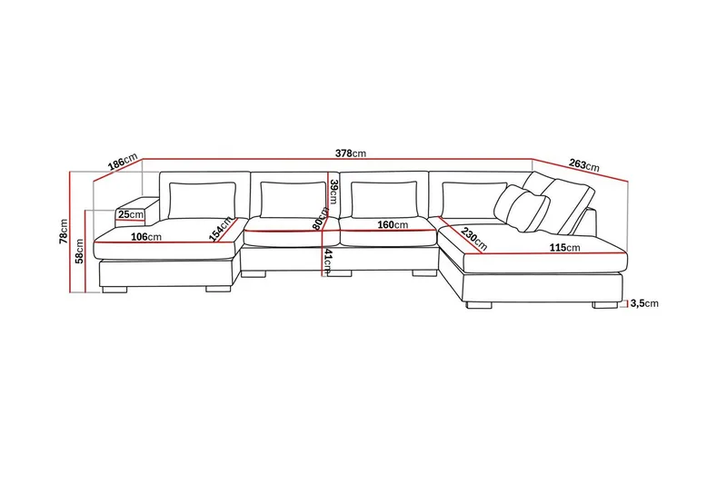 Grande 5-seters U-Sofa med Divan Venstre - Beige Fløyel - Møbler - Sofaer - U-sofa
