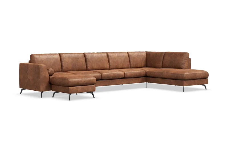 Ocean Lyx 6-seters Høyrevendt U-formet Sofa med Divan og Sjeselong + Fotskammel i Kunstlær - Brun - Møbler - Sofaer - Skinnsofaer