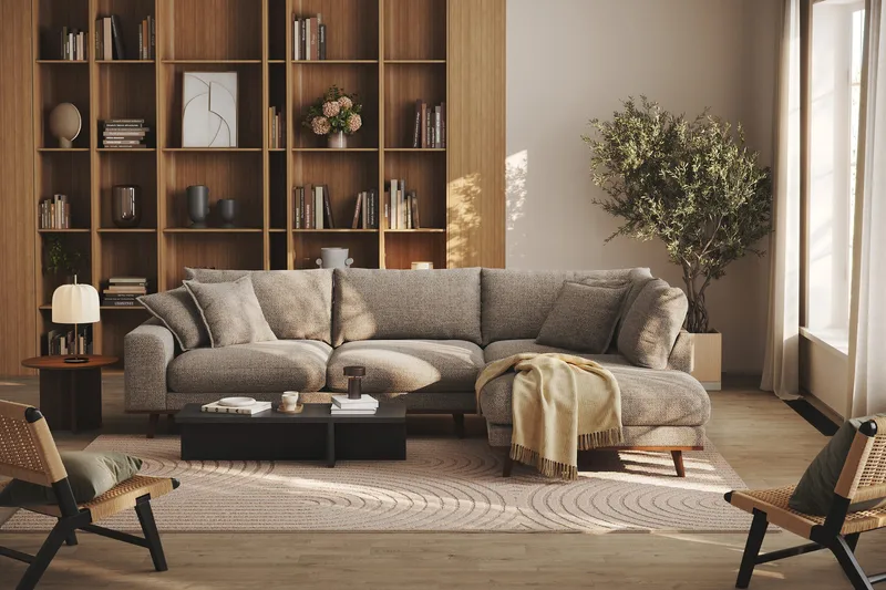 Copenhagen Premium 4-personers Højrevendt L-formet Dyb Chaiselongsofa i Chenille - Brun - Møbler - Sofaer - Sofa med sjeselong