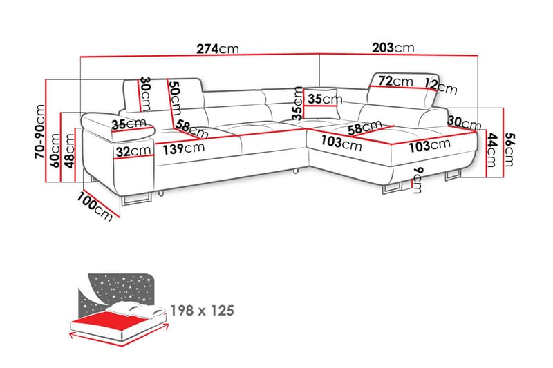 Gabina Sofa med Sjeselong 3-seter - Rød - Møbler - Sofaer - Sovesofaer
