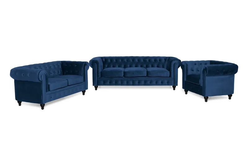Chesterfield Luksus Sofagruppe 3+2+1 i Fløyel, Blå