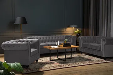 Chesterfield Lyx Sofagruppe 2-seter+Lenestol Fløyel - Grå - Møbler - Sofaer - Sofagrupper - Chesterfield sofagruppe