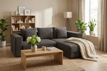 Bergen Ekstra dyp, 3-seters sovesofa med vendbar sjeselong og oppbevaring i manchester - Mørkegrå - Møbler - Sofaer - Sovesofaer