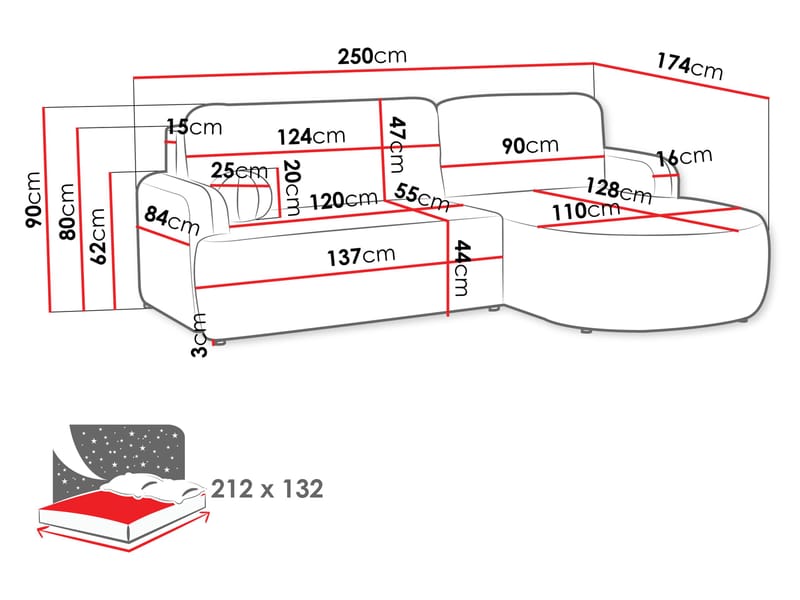 Branrel 3-seters sofa med divan - svart - Møbler - Sofaer - Sovesofaer