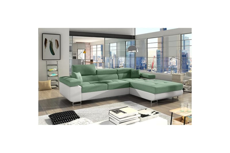 Seksjon Eltap Armando 289x85x203 cm - Soro 34, Soft 17, Grønn, Hvit, Høyre - Møbler - Sofaer - Sovesofaer