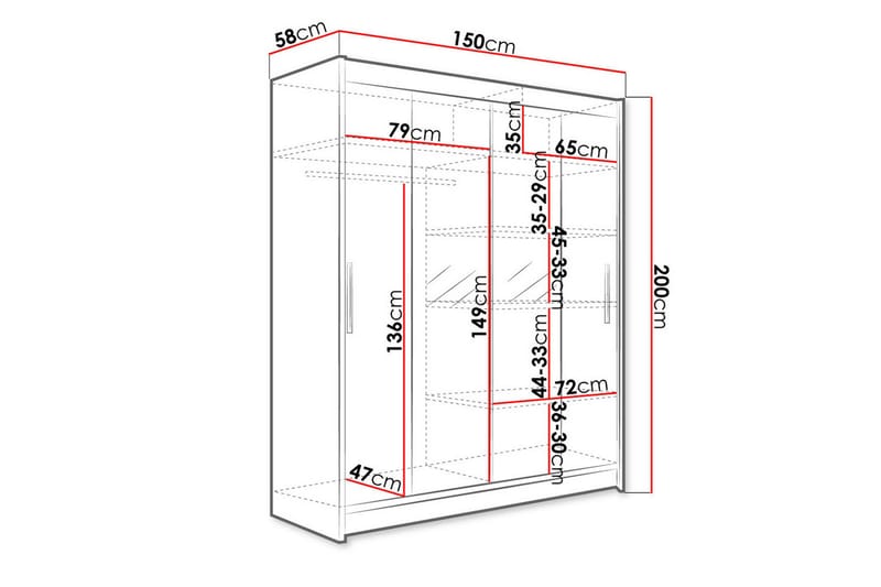 Leila Garderobe 150 cm Skyvedører Smalt Speil - Lys Eik - Oppbevaring - Klesoppbevaring - Garderober & garderobesystem