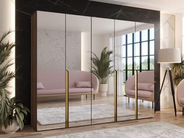 Milias garderobe med speil 250x202 cm - Brun/gull - Oppbevaring - Klesoppbevaring - Garderober & garderobesystem