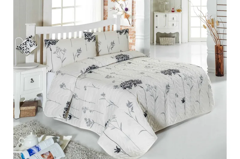 Eponj Home Sengeteppe Enkelt 160x220+Putetrekk Quiltet, Grå/Beige/Svart