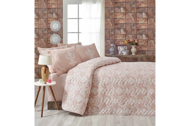 Eponj Home Sengeteppe Dobbelt 200x220+2 Putetrekk Quiltet, Rosa/Hvit